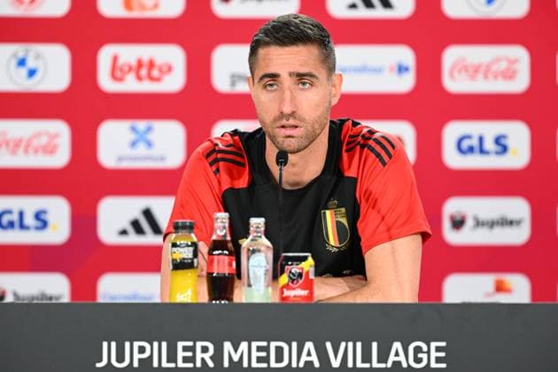 Belgium Media Activities UEFA EURO, EM, Europameisterschaft,Fussball 2024 13 06 2024 FREIBERG AM NECKA, GERMANY - JUNE 13 : Casteels Koen goalkeeper of Belgium talking to the press during a press conference, PK, Pressekonferenz of the Belgian Red Devils at the UEFA Euro 2024 European Football Championship tournament on June 13, 2024 in Freiberg am Necka, Germany, 13 06 2024 Freiberg am Necka Germany  Copyright: xVincentxKalutx