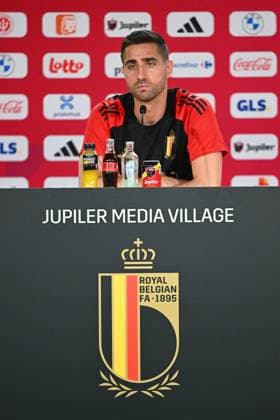 Belgium Media Activities UEFA EURO, EM, Europameisterschaft,Fussball 2024 13 06 2024 FREIBERG AM NECKA, GERMANY - JUNE 13 : Casteels Koen goalkeeper of Belgium talking to the press during a press conference, PK, Pressekonferenz of the Belgian Red Devils at the UEFA Euro 2024 European Football Championship tournament on June 13, 2024 in Freiberg am Necka, Germany, 13 06 2024 Freiberg am Necka Germany  Copyright: xVincentxKalutx