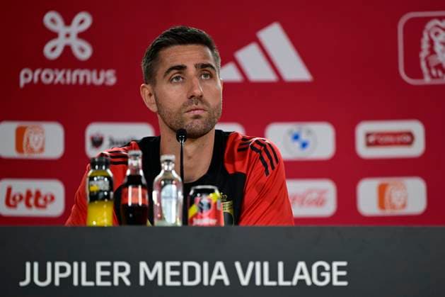 Belgium Media Activities UEFA EURO, EM, Europameisterschaft,Fussball 2024 13 06 2024 FREIBERG AM NECKA, GERMANY - JUNE 13 : Casteels Koen goalkeeper of Belgium talking to the press during a press conference, PK, Pressekonferenz of the Belgian Red Devils at the UEFA Euro 2024 European Football Championship tournament on June 13, 2024 in Freiberg am Necka, Germany, 13 06 2024 Freiberg am Necka Germany  Copyright: xPeterxDexVoechtx