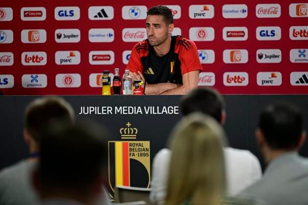 Belgium Media Activities UEFA EURO, EM, Europameisterschaft,Fussball 2024 13 06 2024 FREIBERG AM NECKA, GERMANY - JUNE 13 : Casteels Koen goalkeeper of Belgium talking to the press during a press conference, PK, Pressekonferenz of the Belgian Red Devils at the UEFA Euro 2024 European Football Championship tournament on June 13, 2024 in Freiberg am Necka, Germany, 13 06 2024 Freiberg am Necka Germany  Copyright: xPeterxDexVoechtx