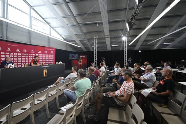 Belgium Media Activities UEFA EURO, EM, Europameisterschaft,Fussball 2024 13 06 2024 FREIBERG AM NECKA, GERMANY - JUNE 13 : Casteels Koen goalkeeper of Belgium talking to the press during a press conference, PK, Pressekonferenz of the Belgian Red Devils at the UEFA Euro 2024 European Football Championship tournament on June 13, 2024 in Freiberg am Necka, Germany, 13 06 2024 Freiberg am Necka Germany  Copyright: xPeterxDexVoechtx
