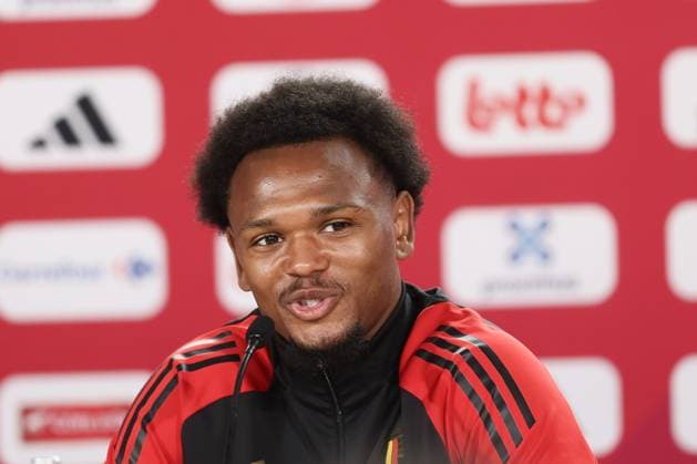 Belgium s Lois Openda pictured during a press conference, PK, Pressekonferenz of Belgian national soccer team Red Devils, Thursday 13 June 2024 at their base camp in Freiberg am Neckar, Germany, in preparation of the UEFA EURO, EM, Europameisterschaft,Fussball 2024 European Soccer Championships. The Red Devils play in Group F at the Euro 2024 European Championships in Germany. BRUNOxFAHY  x94465270_20240613x