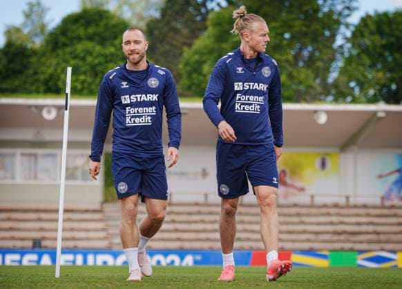 Danish players Christian Eriksen (L) and Simon Kjaer during the national team, Nationalteam s training in Freudenstadt, Germany, Thursday, June 13, 2024. Denmark plays its first match on Sunday against Slovenia in the EURO 2024 Group C. (Photo: Liselotte Sabroe Ritzau Scanpix) , Freudenstadt Tyskland Copyright: Ritzau Scanpix LiselottexSabroex spdk20240613-124557-L