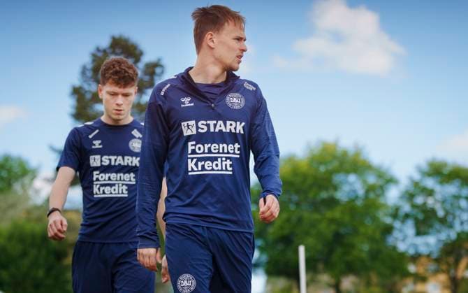 Danish players Mikkel Damsgaard (R) and Andreas Skov Olsen during the national team, Nationalteam s training in Freudenstadt, Germany, Thursday, June 13, 2024. Denmark plays its first match on Sunday against Slovenia in the EURO 2024 Group C. (Photo: Liselotte Sabroe Ritzau Scanpix) , Freudenstadt Tyskland Copyright: Ritzau Scanpix LiselottexSabroex spdk20240613-125757-L
