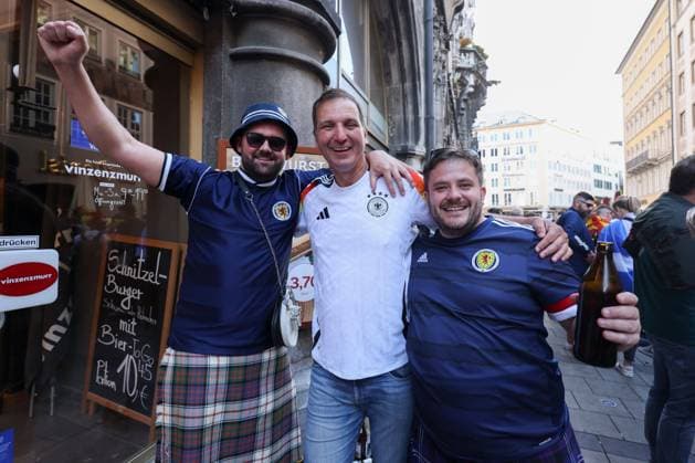 Scotland and Germany fans in the Marienplatz UEFA European Championship, EM, Europameisterschaft 2024 Previews, Football, Munich, Germany, 13 Jun 2024 EDITORIAL USE ONLY No use with unauthorised audio, video, data, fixture lists, club league logos or live services. Online in-match use limited to 120 images, no video emulation. No use in betting, games or single club league player publications. Copyright: xPaulxCurrie Shutterstockx 14537869c