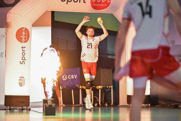 VOLLEYBALL - CEV Silver League RIED,AUSTRIA,13.JUN.24 - VOLLEYBALL - CEV European Silver League, men, OEVV international match, Länderspiel, Nationalmannschaft Austria vs Israel. Image shows Clemens Ecker (AUT).  GEPAxpictures xChristianxMoser
