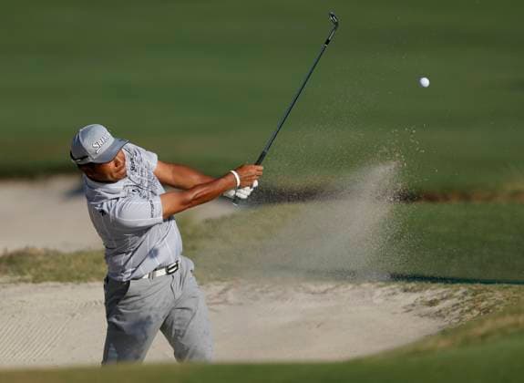 Hideki Matsuyama of Japan hits out of a bunker to the sixteenth green during the first round of the 124th U.S. Open golf championship at Pinehurst Resort & Country Club in Pinehurst, N.C. on Thursday, June 13, 2024.  NCP20240613899 JOHNxANGELILLO