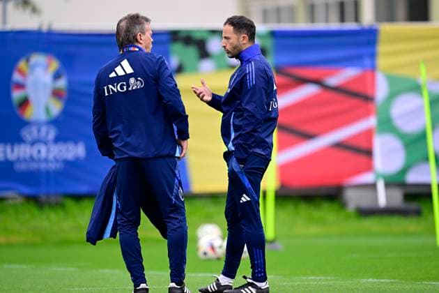 Belgium Media Activities UEFA EURO, EM, Europameisterschaft,Fussball 2024 14 06 2024 FREIBERG AM NECKA, GERMANY - JUNE 14 : Vercauteren Franky technical director of Belgium and Tedesco Domenico head coach of Belgium during a training session of the Belgian Red Devils at the UEFA Euro 2024 European Football Championship tournament on June 14, 2024 in Freiberg am Necka, Germany, 14 06 2024 Freiberg am Necka Germany  Copyright: xPeterxDexVoechtx