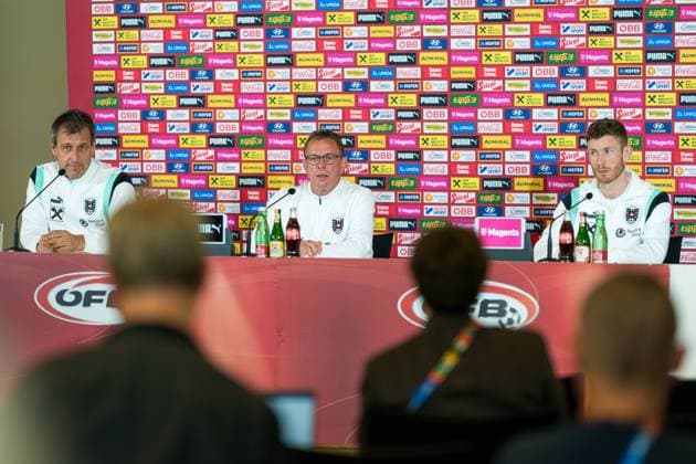 SOCCER - UEFA EURO, EM, Europameisterschaft,Fussball 2024 BERLIN,GERMANY,14.JUN.24 - SOCCER -UEFA EURO 2024, OEFB, Oesterreichischer Fussball-Bund, press conference, PK, Pressekonferenz Image shows head coach Ralf Rangnick and Florian Kainz (AUT). GEPAxpictures xJohannesxFriedl