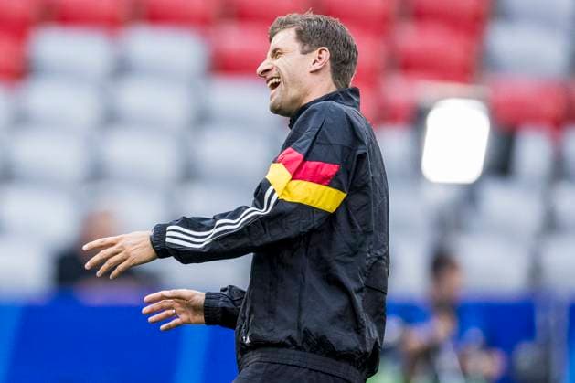UEFA EURO 2024: Eröffnungsspiel Deutschland - Schottland; 14.06.2024 Thomas Müller (Deutschland, 13) lacht. UEFA EURO 2024: Eröffnungsspiel Deutschland - Schottland; Munich Football Arena, München am 14.06.2024 Copyright: xBEAUTIFULxSPORTS Wunderlx
