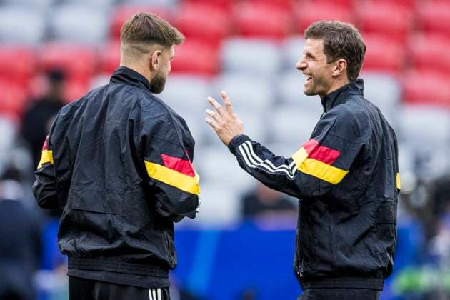 UEFA EURO 2024: Eröffnungsspiel Deutschland - Schottland; 14.06.2024 Thomas Müller (Deutschland, 13) lacht mit Niclas Füllkrug (Deutschland, 9). UEFA EURO 2024: Eröffnungsspiel Deutschland - Schottland; Munich Football Arena, München am 14.06.2024 Copyright: xBEAUTIFULxSPORTS Wunderlx