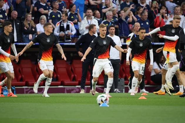 14.06.2024, Fussball, Herren, UEFA Europameisterschaft 2024, Eröffnungsspiel, Gruppe A, Deutschland - Schottland, Toni Kroos (Deutschland), Kai Havertz (Deutschland), Joshua Kimmich (Deutschland), Jamal Musiala (Deutschland), Maximilian Mittelstaedt (Deutschland) München Allianz Arena Bayern Deutschland (DE) Copyright: xSebastianxBachx