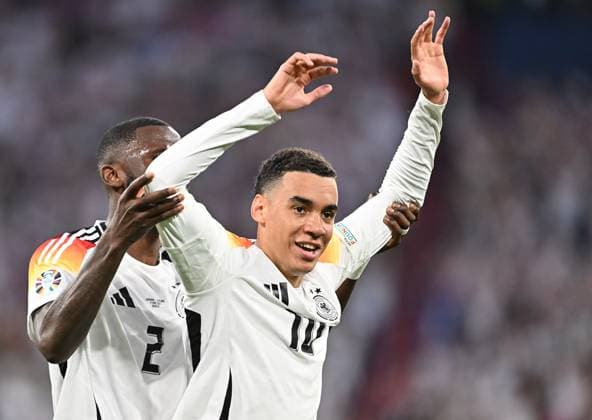 14.06.2024, xscotx, Fussball EM 2024, Deutschland - Schottland, emspor, v.l. Jamal Musiala (Deutsche Fussball Nationalmannschaft DFB) celebrate the goal, Der Torjubel zum 2:0 München