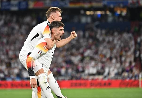 14.06.2024, xscotx, Fussball EM 2024, Deutschland - Schottland, emspor, v.l. Joshua Kimmich (Deutsche Fussball Nationalmannschaft DFB), Kai Havertz (Deutsche Fussball Nationalmannschaft DFB) celebrate the goal, Der Torjubel zum 3:0 München