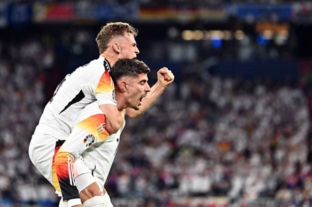 14.06.2024, xscotx, Fussball EM 2024, Deutschland - Schottland, emspor, v.l. Joshua Kimmich (Deutsche Fussball Nationalmannschaft DFB), Kai Havertz (Deutsche Fussball Nationalmannschaft DFB) celebrate the goal, Der Torjubel zum 3:0 München
