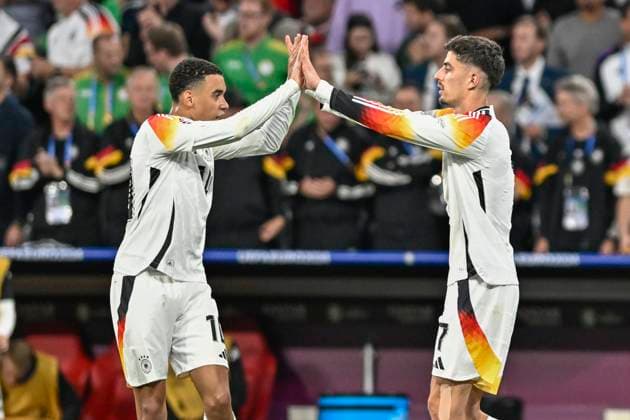 Kai Havertz ( 7, Deutschland) jubelt nach dem Tor zum 3:0 durch Elfmeter mit Jamal Musiala ( 10, Deutschland) 14.06.2024 Fussball Europameisterschaft in Deutschland Deutschland vs Schottland, Allianz Arena, Muenchen, Bayern Germany