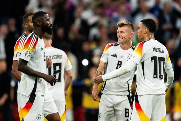240614 Antonio Rüdiger, Toni Kroos and Jamal Musiala of Germany during the UEFA EURO, EM, Europameisterschaft,Fussball 2024 Football Championship match between Germany and Scotland on June 14, 2024 in Munich. Photo: Mathias Bergeld BILDBYRAN kod MB MB0933 fotboll football soccer fotball fotbolls-em europamästerskap em uefa euro uefa european football championship euro 2024 tyskland germany scotland bbeng skottland Copyright: MATHIASxBERGELD BB240614MB094