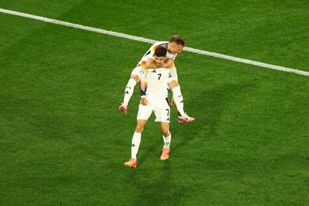 Kai Havertz of Germany celebrates scoring the goal for their side with their teammates to make it 3-0 Germany v Scotland, UEFA European Championship, EM, Europameisterschaft 2024, Group A, Football, Munich Football Arena, Munich, Germany, 14 Jun 2024 EDITORIAL USE ONLY No use with unauthorised audio, video, data, fixture lists, club league logos or live services. Online in-match use limited to 120 images, no video emulation. No use in betting, games or single club league player publications. Copyright: xKieranxMcManus Shutterstockx 14523770cm