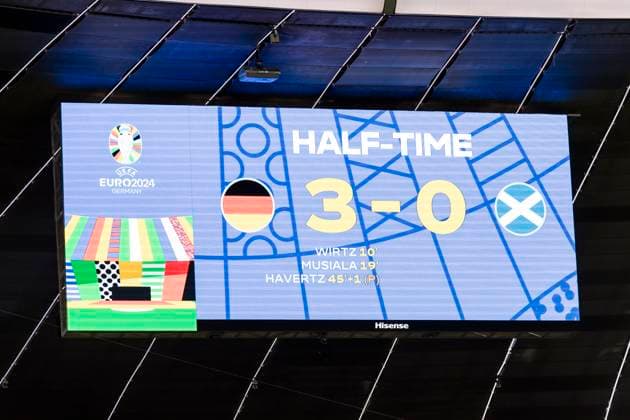 UEFA EURO 2024: Eröffnungsspiel Deutschland - Schottland; 14.06.2024 Der Halbzeitstand von 3:0. UEFA EURO 2024: Eröffnungsspiel Deutschland - Schottland; Munich Football Arena, München am 14.06.2024 Copyright: xBEAUTIFULxSPORTS Wunderlx