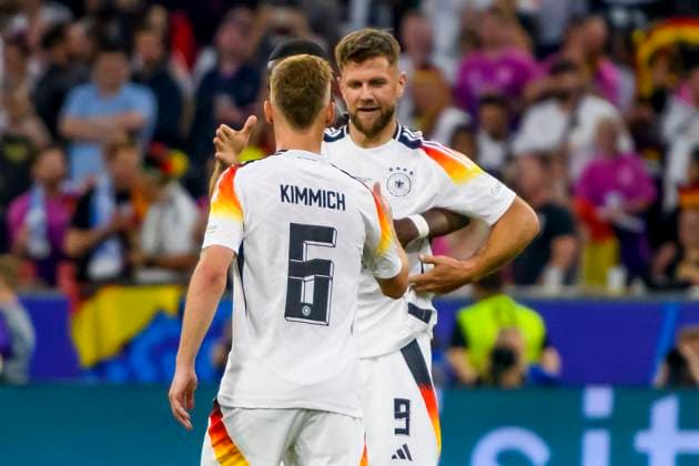 GER, UEFA Euro 2024, Gruppe A, Deutschland (GER) vs Schottland (SCO) 14.06.2024, Allianz Arena, Muenchen, GER, UEFA Euro 2024, Gruppe A, Deutschland (GER) vs Schottland (SCO) , im Bild Jubel nach dem Tor zum 4-0 durch Niclas Füllkrug Fuellkrug (Germany 9) mit Joshua Kimmich (Germany 6)