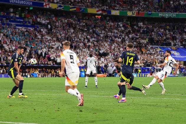 Football - UEFA EURO, EM, Europameisterschaft,Fussball 2024 - Group A - Germany v Scotland 14th June 2024 - UEFA EURO 2024 - Group A - Germany v Scotland - Emre Can of Germany scores their fifth goal - Photo: Simon Stacpoole Offside. Munich Germany Copyright: xSimonxStacpoolexOffside