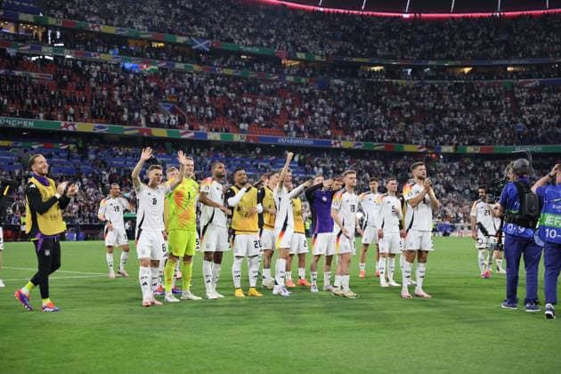 14.06.2024, Fussball, Herren, UEFA Europameisterschaft 2024, Eröffnungsspiel, Gruppe A, Deutschland - Schottland, Die deutsche Nationalmannschaft feiert den Sieg München Allianz Arena Bayern Deutschland (DE) Copyright: xSebastianxBachx