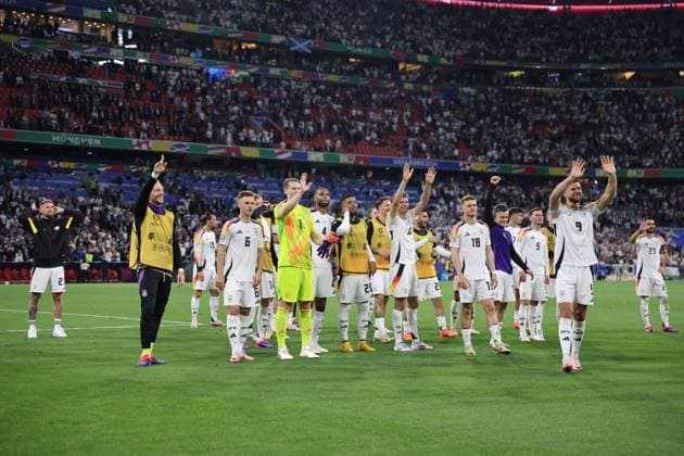 14.06.2024, Fussball, Herren, UEFA Europameisterschaft 2024, Eröffnungsspiel, Gruppe A, Deutschland - Schottland, Die deutsche Nationalmannschaft feiert den Sieg München Allianz Arena Bayern Deutschland (DE) Copyright: xSebastianxBachx
