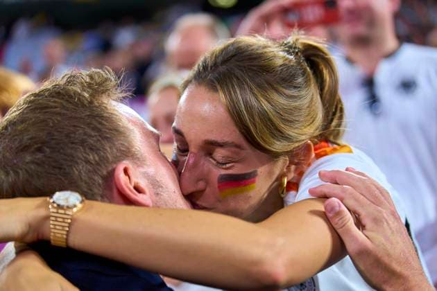 DFB headcoach Julian Nagelsmann , Bundestrainer, Nationaltrainer, kisses Lena Wurzenberger, girlfriend of Julian Nagelsmann, coach DFB, in the group stage match GERMANY - SCOTLAND of the UEFA European Championships 2024 on Jun 14, 2024 in Munich, Germany.