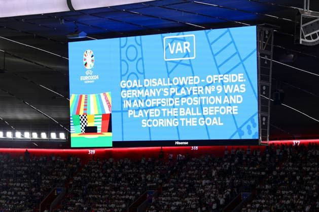 A VAR message on the big screen after the goal of Niclas Füllkrug of Germany is disallowed for offside Germany v Scotland, UEFA European Championship, EM, Europameisterschaft 2024, Group A, Football, Munich Football Arena, Munich, Germany, 14 Jun 2024 EDITORIAL USE ONLY No use with unauthorised audio, video, data, fixture lists, club league logos or live services. Online in-match use limited to 120 images, no video emulation. No use in betting, games or single club league player publications. Copyright: xKieranxMcManus Shutterstockx 14523770dn