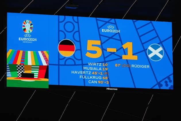EM 2024: Deutschland - Schottland am 14.06.2024 in der Allianz Arena in München Anzeigetafel Videoleinwand mot dem offiziellen Endergebnis 5 zu 1