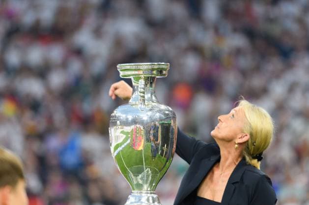 Munich, Germany, June 14th 2024: The UEFA EURO, EM, Europameisterschaft,Fussball trophy and the widow of Franz Beckenbauer before the UEFA EURO 2024 Group A football match between Germany and Scotland at Arena Munich, Germany. (Sven Beyrich SPP) Copyright: xSvenxBeyrich SPPx spp-en-SvBe-20240614-ND5_5808
