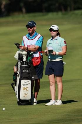 Meijer LPGA, Golf Damen Classic Leona Maguire of Ireland interacts with her caddy on the 17th hole during Day Two of the Meijer LPGA Classic for Simply Give golf tournament at Blythefield Country Club in Belmont, MI, USA Friday, June 14, 2024. Belmont Michigan United States  Copyright: xJorgexLemusx originalFilename:lemus-meijerlp240614_npF5x.jpg