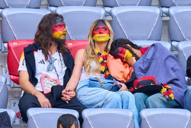 Heidi Klum (GNTM) with husband Tom Kaulitz and four childs Lou (next to her), Johan, Henry and Leni with boyfriend Aris Rachevsky in the group stage match GERMANY - SCOTLAND 5-1 of the UEFA European Championships 2024 on Jun 14, 2024 in Munich, Germany.