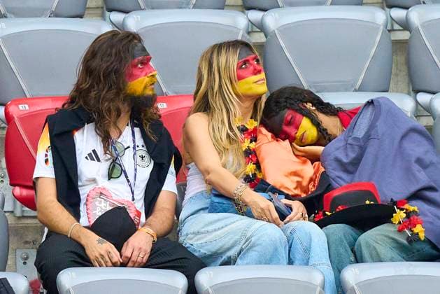 Heidi Klum (GNTM) with husband Tom Kaulitz and four childs Lou (next to her), Johan, Henry and Leni with boyfriend Aris Rachevsky in the group stage match GERMANY - SCOTLAND 5-1 of the UEFA European Championships 2024 on Jun 14, 2024 in Munich, Germany.