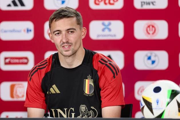 Belgium s Timothy Castagne pictured during a press conference, PK, Pressekonferenz of Belgian national soccer team Red Devils, Saturday 15 June 2024 at their base camp in Freiberg am Neckar, Germany, in preparation of the UEFA EURO, EM, Europameisterschaft,Fussball 2024 European Soccer Championships. The Red Devils play in Group E at the Euro 2024 European Championships in Germany. BRUNOxFAHY  x94598084x