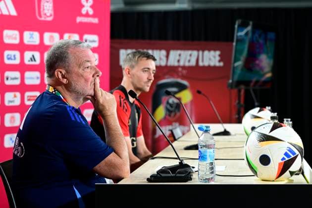 Belgium Media Activities - UEFA EURO, EM, Europameisterschaft,Fussball 2024 15 06 2024 FREIBERG AM NECKA, GERMANY - JUNE 15 : Van Loock Stefan press officer of Belgium and Castagne Timothy defender of Belgium talking to the press during a press conference, PK, Pressekonferenz of the Belgian Red Devils at the UEFA EURO 2024 European Football Championship tournament on June 15, 2024 in Freiberg am Necka, Germany, 15 06 2024 Freiberg am Necka Germany  Copyright: xPeterxDexVoechtx