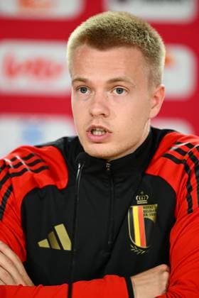 Belgium Media Activities - UEFA EURO, EM, Europameisterschaft,Fussball 2024 15 06 2024 FREIBERG AM NECKA, GERMANY - JUNE 15 : Vermeeren Arthur midfielder of Belgium talking to the press during a press conference, PK, Pressekonferenz of the Belgian Red Devils at the UEFA EURO 2024 European Football Championship tournament on June 15, 2024 in Freiberg am Necka, Germany, 15 06 2024 Freiberg am Necka Germany  Copyright: xVincentxKalutx