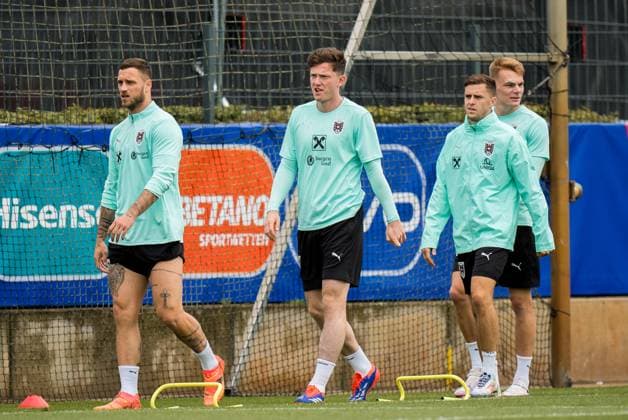 SOCCER - UEFA EURO, EM, Europameisterschaft,Fussball 2024 BERLIN,GERMANY,15.JUN.24 - SOCCER -UEFA EURO 2024, OEFB, Oesterreichischer Fussball-Bund, training. Image shows Marko Arnautovic, Michael Gregoritsch, Christoph Baumgartner and Philipp Lienhart (AUT). GEPAxpictures xJohannesxFriedl