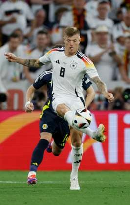 14.06.2024, Fussball, Europameisterschaft, Germany - Scotland, GER, Munich, Munich Football Arena, Bild: v. li. Billy Gilmour (Scotland, 14) und Toni Kroos (Germany, 8), Copyright: HMBxMedia xHeikoxBecker
