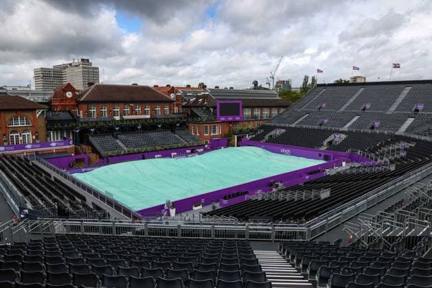 15th June 2024; Cinch Championships, Queens Club, West Kensington, London, England: Cinch Championships Queens Club, Qualifying Day 1; Covers over Centre Court due to rain  ActionPlus12654641 JohnxPatrickxFletcher
