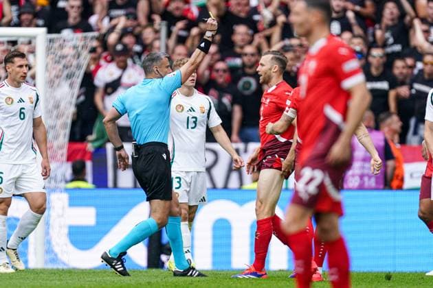 2024-06-15 Hungary v Switzerland - Group A - UEFA EURO, EM, Europameisterschaft,Fussball 2024 COLOGNE, GERMANY - JUNE 15: Silvan Widmer of Switzerland receives a yellow card during the Group A - UEFA EURO 2024 match between Hungary and Switzerland at Cologne Stadium on June 15, 2024 in Cologne, Germany. (Photo by Joris Verwijst BSR Agency) Cologne Germany Content not available for redistribution in The Netherlands directly or indirectly through any third parties. Copyright: xBSRxAgencyx