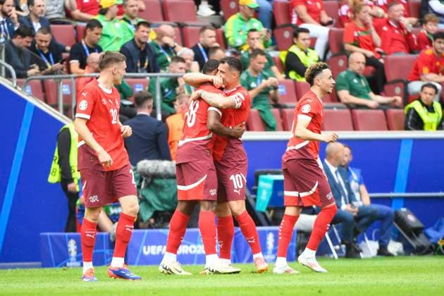 COLOGNE, GERMANY - JUNE 15: Kwadwo Duah of Switzerland (2nd from L) celebrated for his goal during the UEFA EURO, EM, Europameisterschaft,Fussball 2024 group stage match between Hungary and Switzerland at Cologne Stadium on June 15, 2024 in Cologne, Germany. Cologne Cologne Stadium North Rhine-Westphalia Germany Copyright: xJustPictures.ch ManuelxWinterbergerx jp-en-EuSpIm-MWI_7667