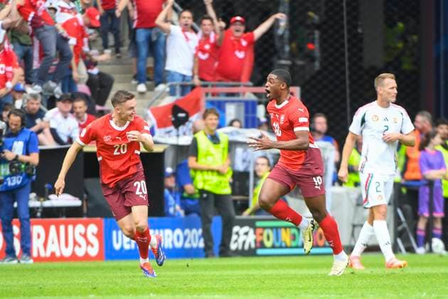 COLOGNE, GERMANY - JUNE 15: Kwadwo Duah of Switzerland (R) celebrates his goal during the UEFA EURO, EM, Europameisterschaft,Fussball 2024 group stage match between Hungary and Switzerland at Cologne Stadium on June 15, 2024 in Cologne, Germany. Cologne Cologne Stadium North Rhine-Westphalia Germany Copyright: xJustPictures.ch ManuelxWinterbergerx jp-en-EuSpIm-MWI_7653