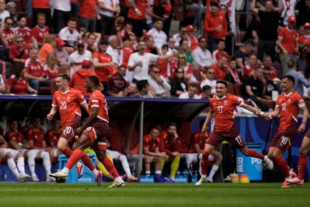 Switzerland s Kwadwo Duah celebrates after score 1-0 during the Euro 2024 soccer match between Hungary and Swiss at the RheinEnergiestadion, Cologne, Germany - Friday 15 , June , 2024. - Soccer .  Copyright: xFabioxFerrari LaPressex