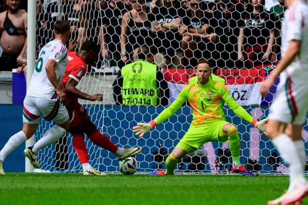 Tor zum 0:1 durch Kwadwo Duah 18 (Schweiz), Ungarn vs. Schweiz, Fussball, UEFA EURO, EM, Europameisterschaft,Fussball 2024, Gruppenphase, 1. Spieltag, 15.06.2024 Koeln Nordrhein-Westfalen Deutschland