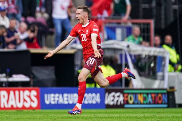2024-06-15 Hungary v Switzerland - Group A - UEFA EURO, EM, Europameisterschaft,Fussball 2024 COLOGNE, GERMANY - JUNE 15: Michel Aebischer of Switzerland celebrate the second goal during the Group A - UEFA EURO 2024 match between Hungary and Switzerland at Cologne Stadium on June 15, 2024 in Cologne, Germany. (Photo by Joris Verwijst BSR Agency) Cologne Germany Content not available for redistribution in The Netherlands directly or indirectly through any third parties. Copyright: xBSRxAgencyx
