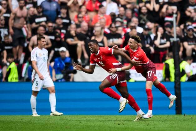 Hungary v Switzerland - UEFA EURO, EM, Europameisterschaft,Fussball 2024 Kwadwo Duah of Switzerland celebrates with Ruben Vargas of Switzerland after scoring the opening goal during the UEFA EURO 2024 group stage football match between Hungary and Switzerland. Cologne Germany Copyright: xNicolòxCampox