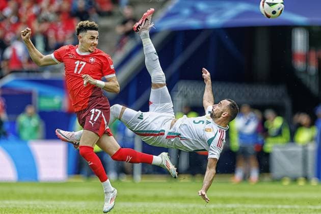 COLOGNE, RheinEnergie Stadium, 15-06-2024 , European Football Championship Euro2024, Group stage match no.2 between Hungary and Switzerland. Hungary player Attila Fiola and Switzerland player Ruben Vargas Hungary - Switzerland (Euro2024)  x25495042x Copyright: