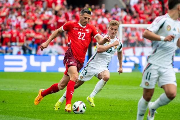 Hungary v Switzerland: Group A - UEFA EURO, EM, Europameisterschaft,Fussball 2024 Fabian Schaer of Switzerland is being challenged by Andras Schaefer of Hungary (L-R), during the UEFA Euro 2024 Group A football match between Hungary and Switzerland at the Cologne Stadium in Cologne on June 15, 2024. Cologne Germany  Copyright: xHeshamxElsherifx originalFilename:elsherif-hungaryv240615_np6Nh.jpg