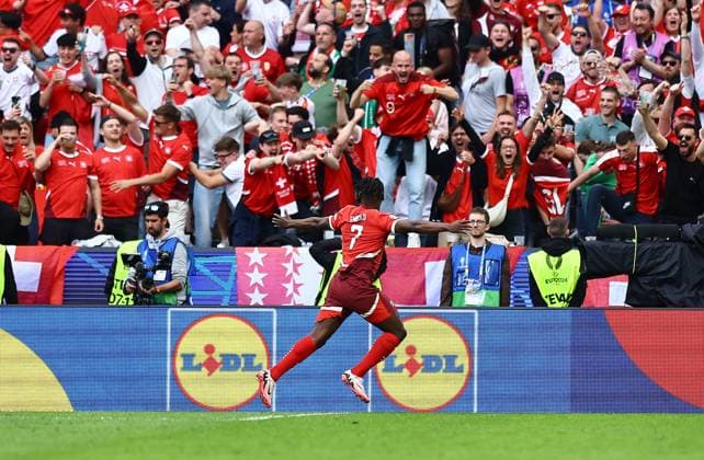 Breel Embolo of Switzerland celebrates scoring to make it 3-1 Hungary v Switzerland, UEFA European Championship, EM, Europameisterschaft 2024, Group A, Football, Cologne Stadium, Cologne, Germany, 15 Jun 2024 EDITORIAL USE ONLY No use with unauthorised audio, video, data, fixture lists, club league logos or live services. Online in-match use limited to 120 images, no video emulation. No use in betting, games or single club league player publications. Copyright: xMichaelxZemanek Shutterstockx 14539265ce